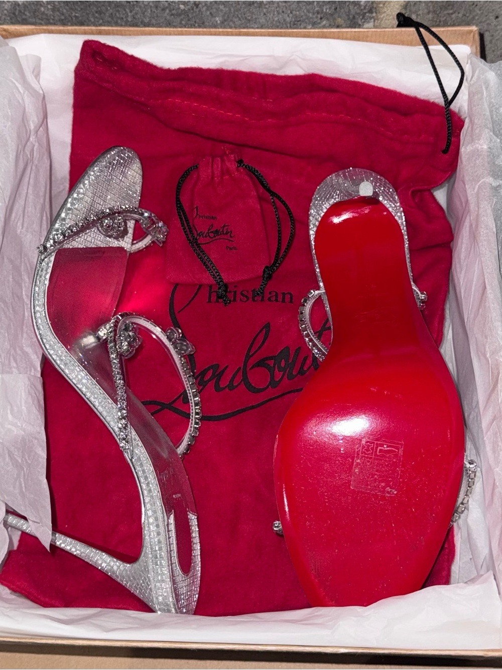 Christian Louboutin Silver Crystal Strappy Heels with Red Sole